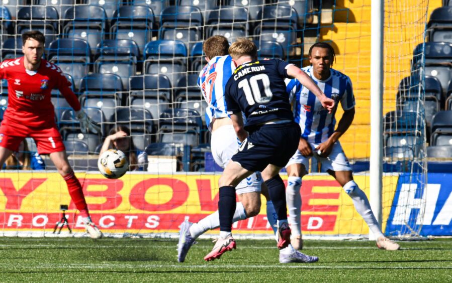 Lyall Cameron fires in Dundee's second goal from the edge of the box.