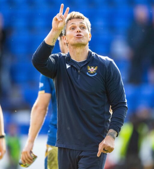 Simo Valakari celebrates with the fans after St Johnstone beat Ross County.