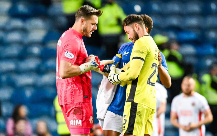 Dav Richards, right, and Rangers' England international goalkeeper Jack Butland