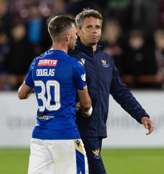 St Johnstone head coach Simo Valakari and Barry Douglas at full-time at Tynecastle. 
