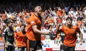 Declan Gallagher roars in celebration after finding the net against Aberdeen