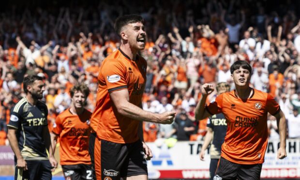 Declan Gallagher roars in celebration after finding the net against Aberdeen
