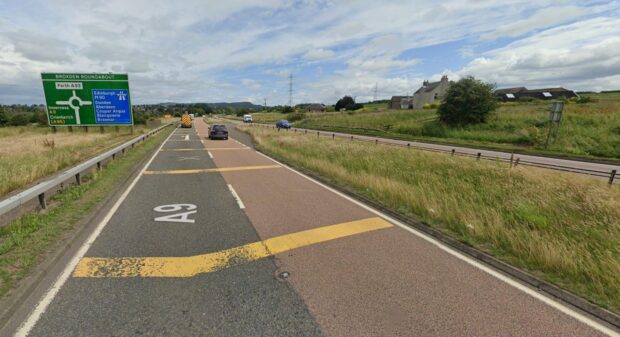 The northbound A9 approach to the Broxden Roundabout near Perth.