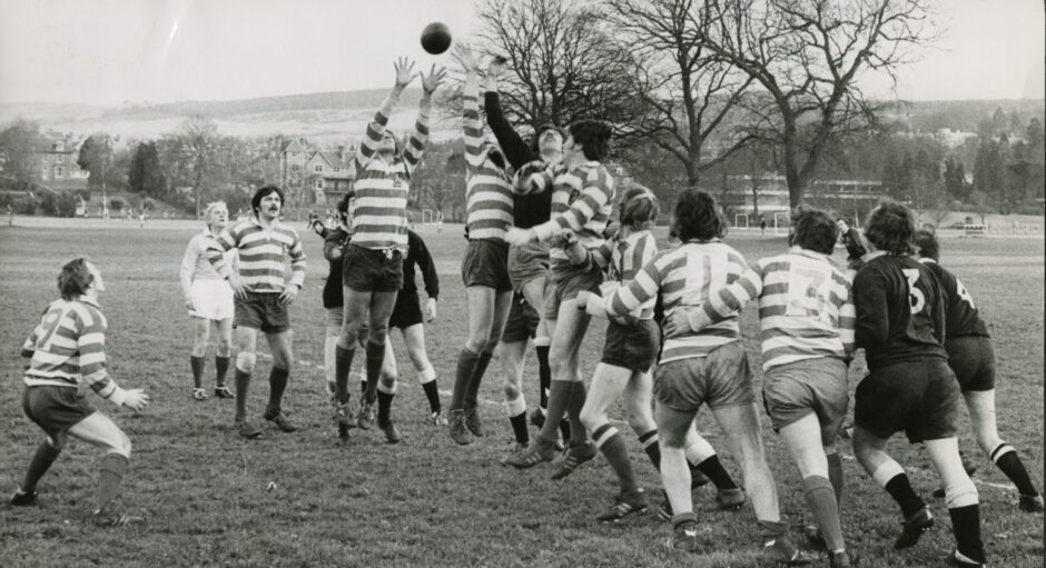 A line out during the game between Perthshire and Howe of Fife at the North Inch in Perth in January 1975.
