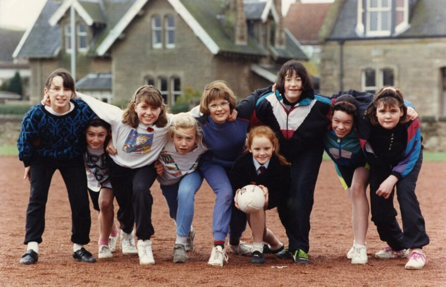 The P7 girls of Castlehill Primary School in Cupar taking part in a rugby training session in November 1990.