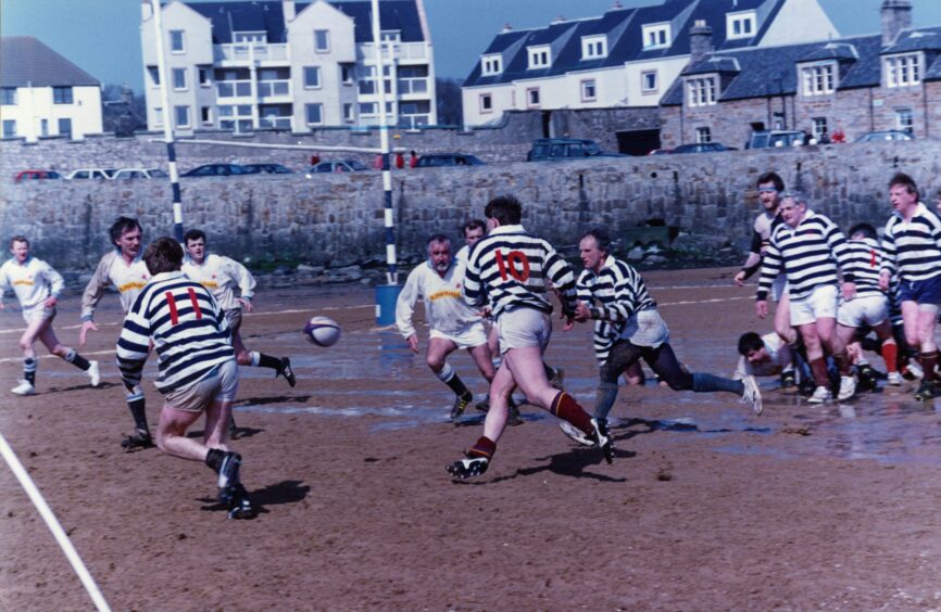 action from the Elie Beach rugby match in May 1994.