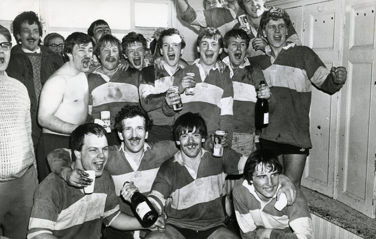 Dunfermline inside the dressing room, celebrating promotion to Division 2 in April 1984.