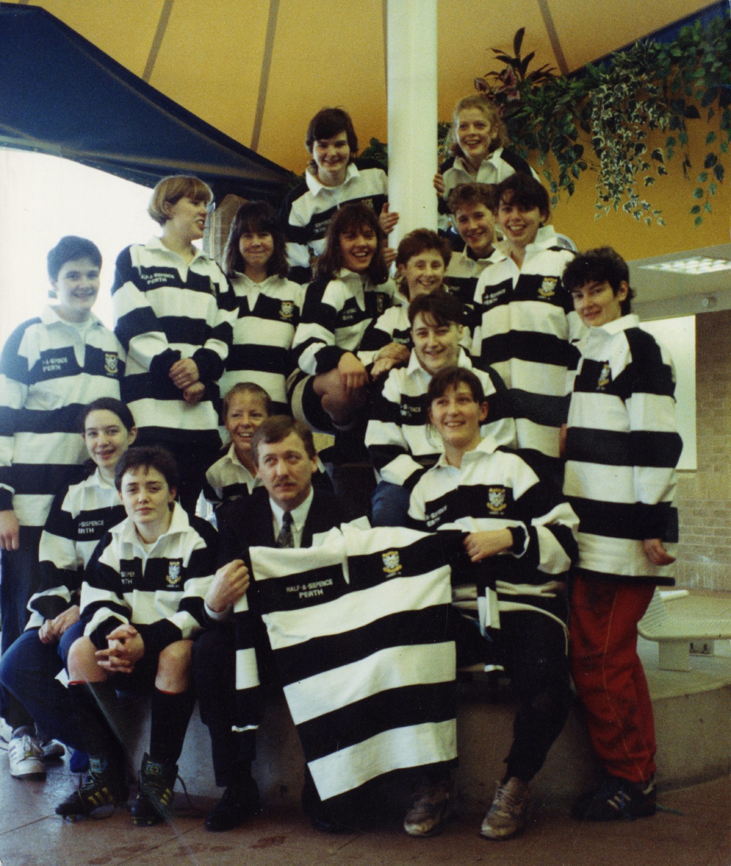 Perthshire Ladies posing with new team shirts in December 1991.