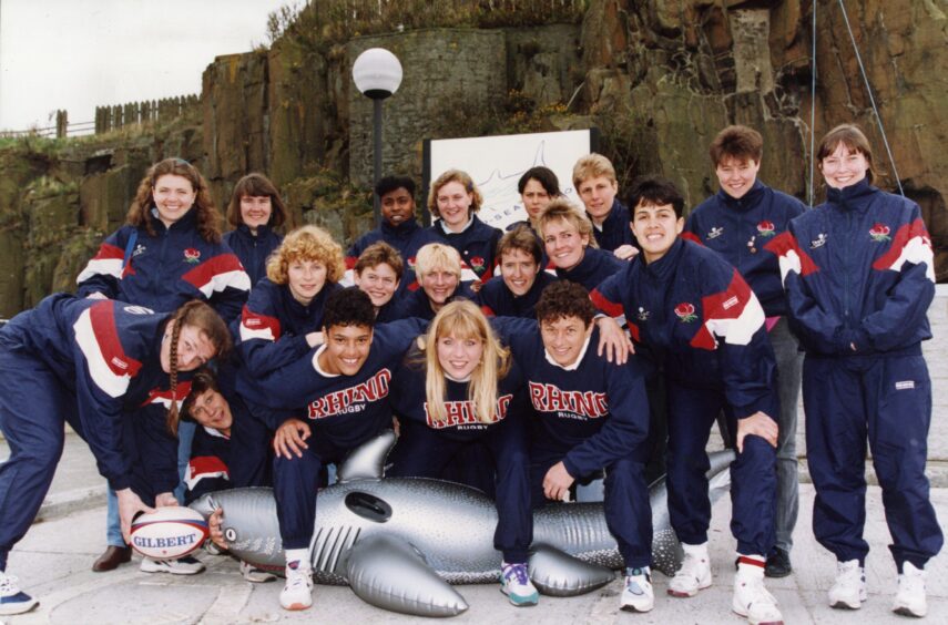 The England women's rugby World Cup team posing with an inflatable shark during a visit to Deep Sea World in North Queensferry in April 1994.