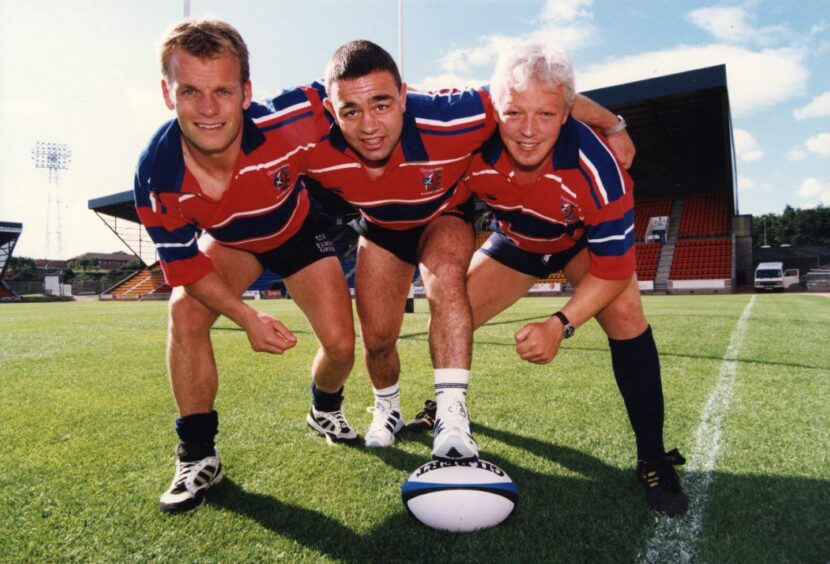 Rowen Shepherd, Kevin McKenzie, Dave McIvor showing off the new Caledonia Reds tops at McDiarmid Park in Perth in September 1996.