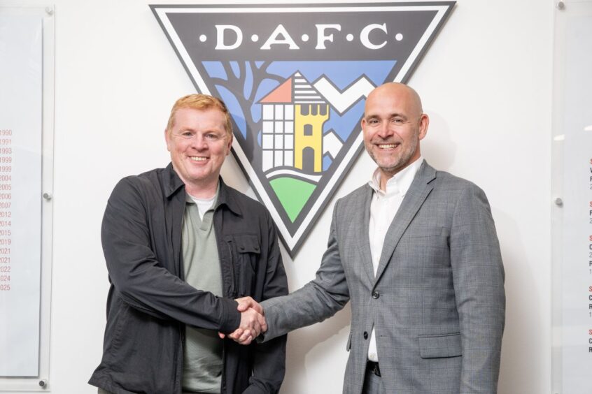 Dunfermline boss Neil Lennon and DAFC chairman and CEO David Cook shake hands.