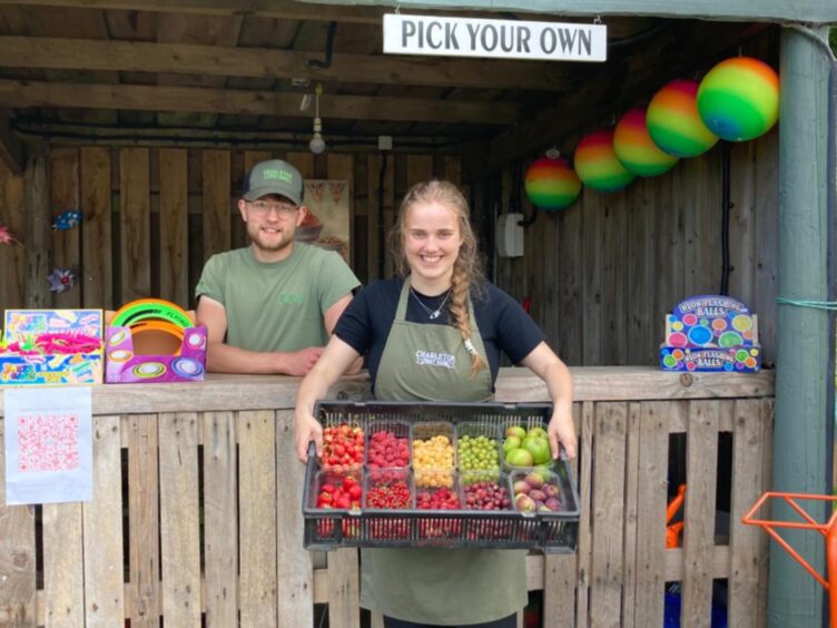 Two members of staff at Charleton Fruit Farm, where you can pick your own strawberries.