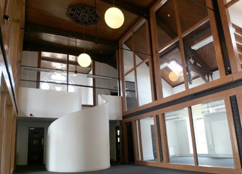 Internal view of former Erskine Church in Arbroath town centre.