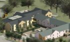 This artist's impression of the care home complex shows the existing building in pink to the right, with the new facility next door. Image: Gilberts Architects/Stirling Council