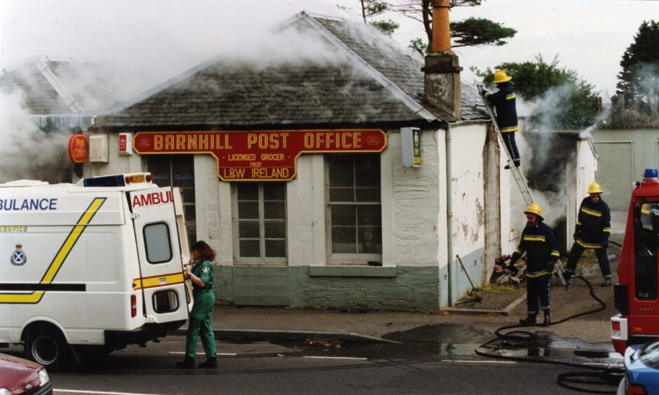 Firefighters tackling a Barnhill Post Office blaze in August 1994. Image: DC Thomson.