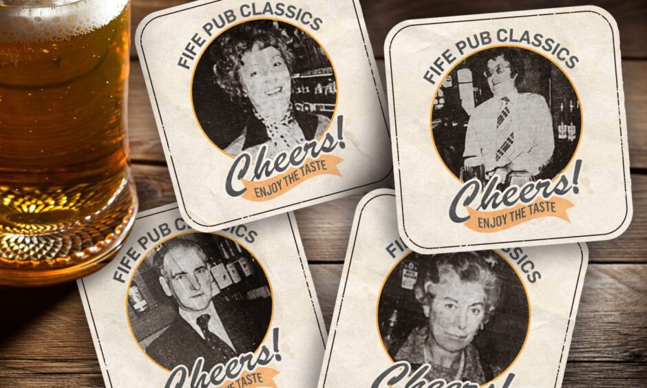 a montage showing some of the landlords from 1978, with their faces on beermats.