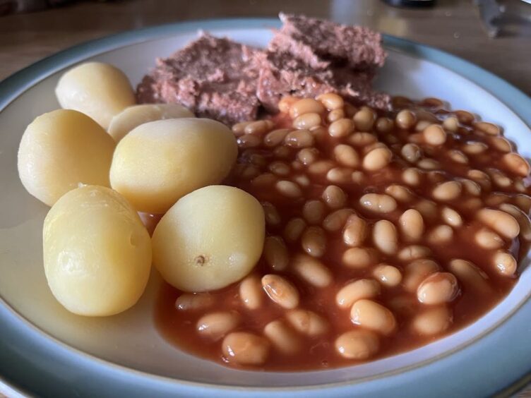 Corned beef, tinned potatoes and beans. 