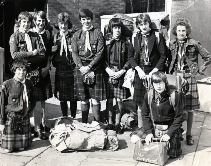 Dundee Scouts with their bags before heading off by train in 1976.