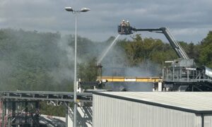 Firefighters near the CHP biomass plant off the A92 at Markinch.