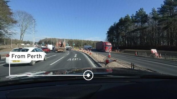 A dashcam still of the lane markings on the A90 northbound approach to Swallow Roundabout. Image: DC Thomson
