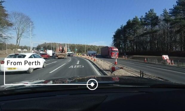 A dashcam still of the lane markings on the A90 northbound approach to Swallow Roundabout. Image: DC Thomson
