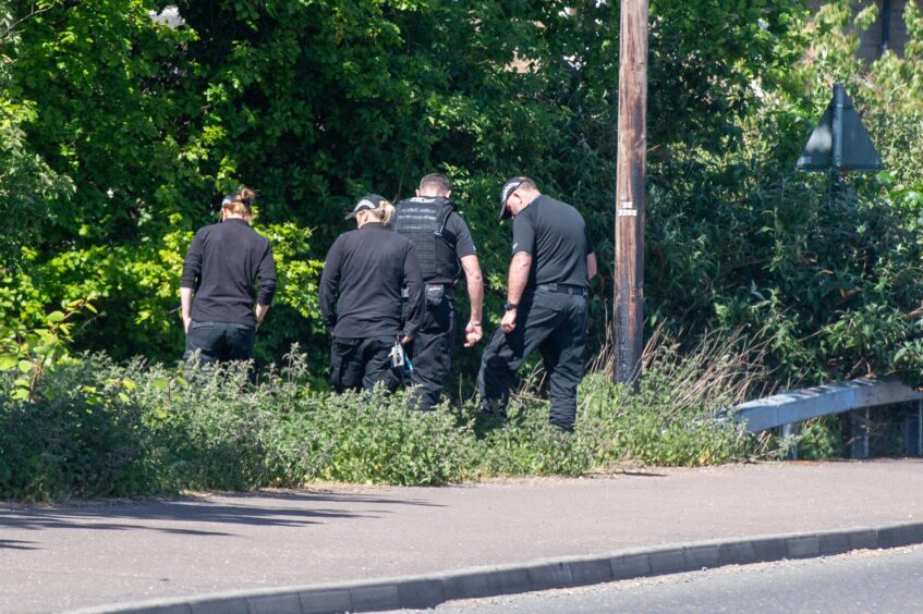 Officers searching the grass verging on Stannergate Road. 