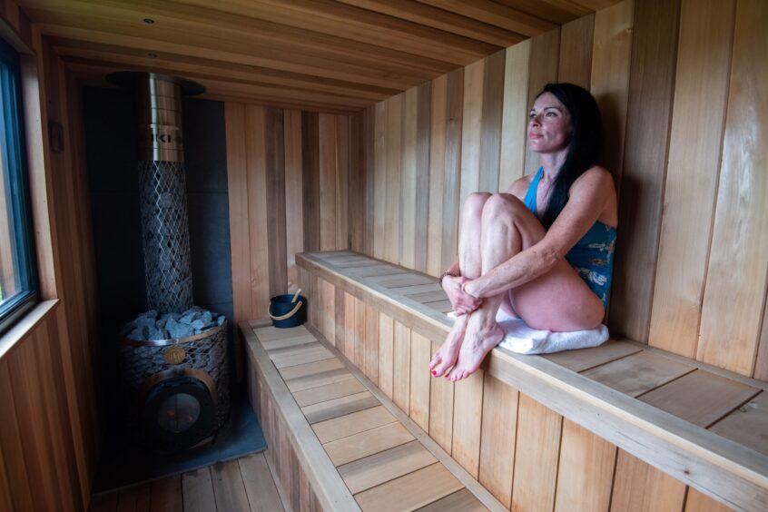 Gayle enjoys the new wild sauna at Forbes of Kingennie