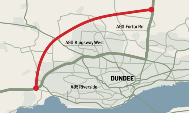 To go with story by Finn Nixon. Why has a Dundee Bypass never come to fruition?  Picture shows; A map of the route a bypass to the north of Dundee could take. . Dundee . Supplied by DC Thomson  Date; Unknown