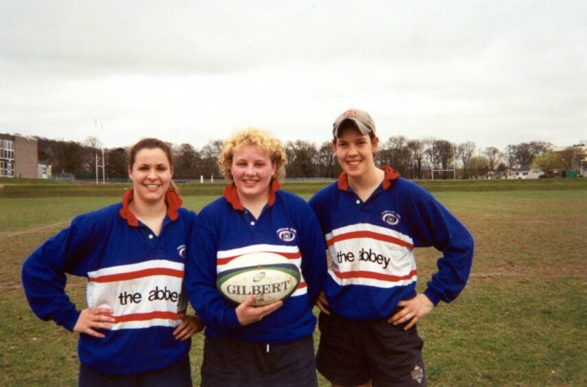 Valerie Sanaghan, Elaine Kehoe and Christina McDowell were all smiles after being called up to play for Scotland in June 2003.
