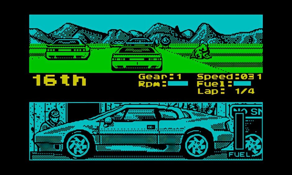 A screenshot from the Spectrum's Lotus Esprit Turbo Challenge