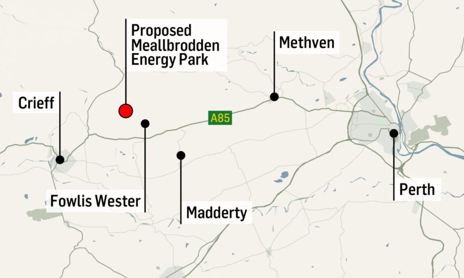 Map showing proposed location of Meallbrodden energy park between Crieff and Methven, then Perth