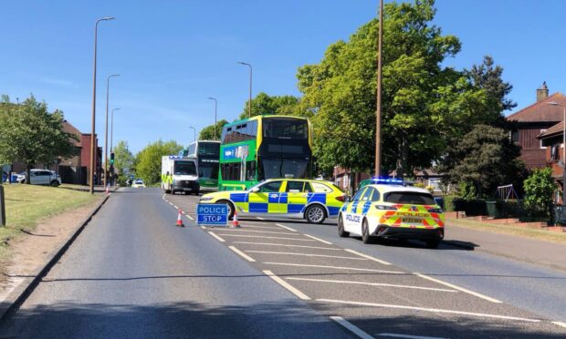 Police shut Pitkerro Road for around 30 minutes. Image: James Simpson/DC Thomson