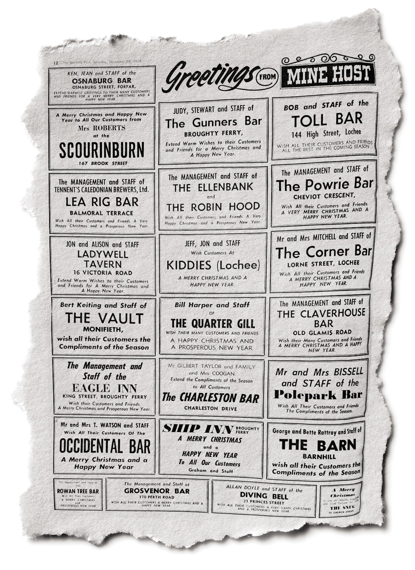 Adverts for Dundee pubs from a newspaper in 1978.