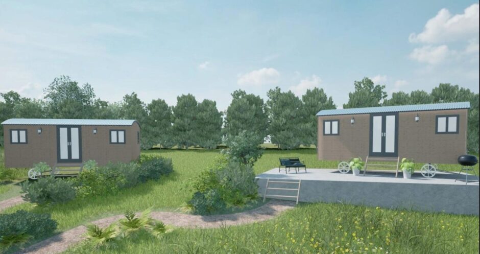 Picture shows a drawing of two shepherds' huts, put forward with a planning application.