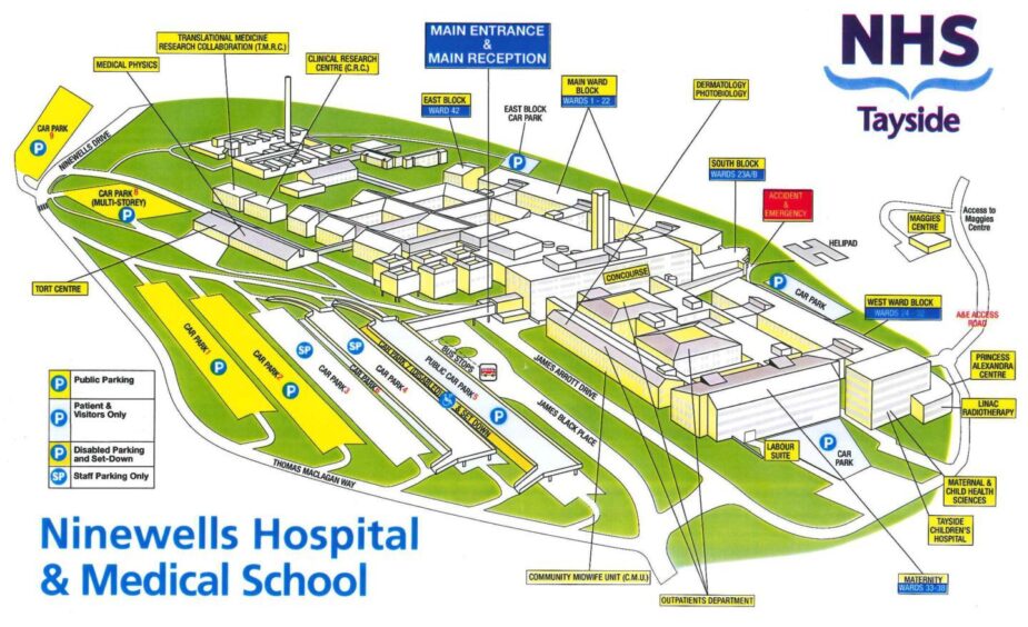 A map showing the various parking options at Ninewells Hospital (click for a larger version).