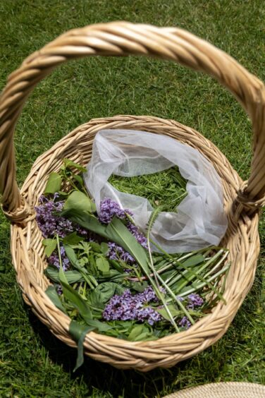 A wicker basket contains wild flowers and plants.