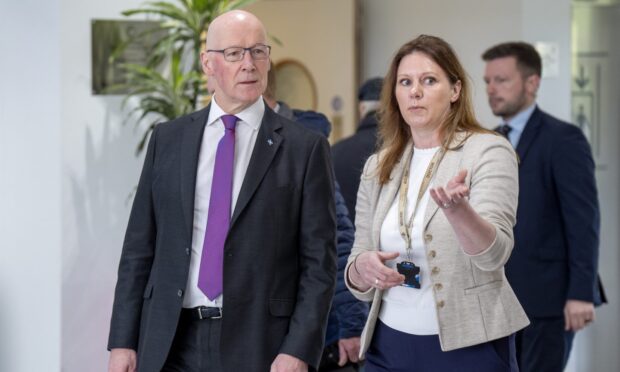 First Minister John Swinney with Dundee GP Dr Rebecca Forrester during a visit to Newfield Medical Group.