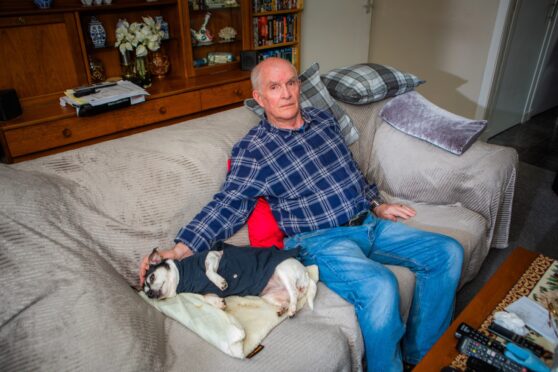 Norman Hawkes seated on sofa with small dog lying beside him