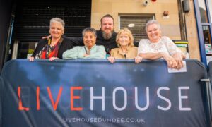 Left to right is Morag Gibson (from Tayport), Cath Hunter (from Tayport), Sarah Cooper (from Dundee) and Valerie Redlarski (from Dundee) and at the back is Chris Gordon (security/staff) Image: Steve MacDougall/DC Thomson