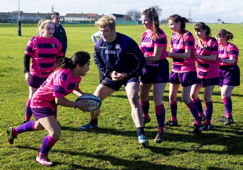 David Denton does a training drill with the Buckhaven High pupils.