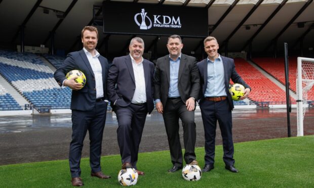Calum Beattie, SPFL chief operating officer, Iain Jones, KDM chief executive, Mark Jones, KDM executive director and Brendan Napier, Commercial Director at Scottish Football Marketing. Image: Supplied.