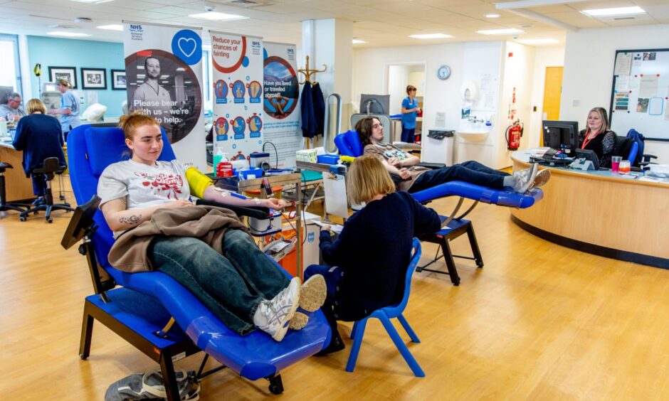 Claire Milne, donating at Dundee Blood Donor Centre in Ninewells Hospital.