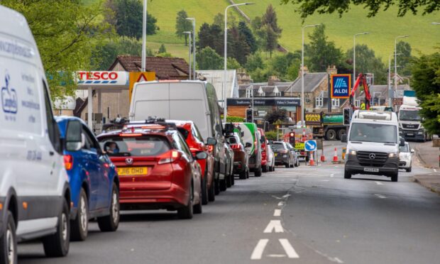 Queues of traffic along South Road in Cupar.