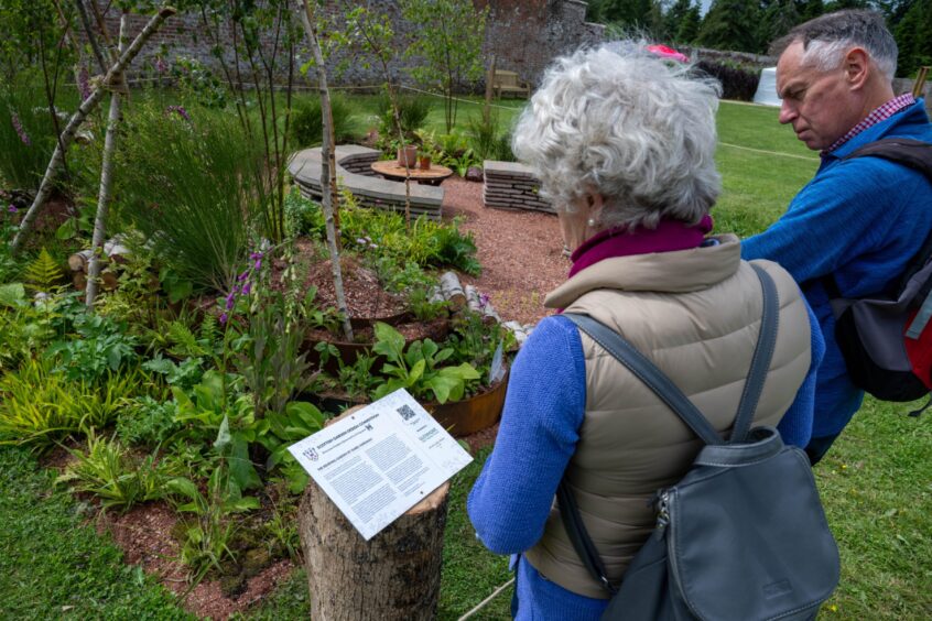 People looking at info board in front of garden display