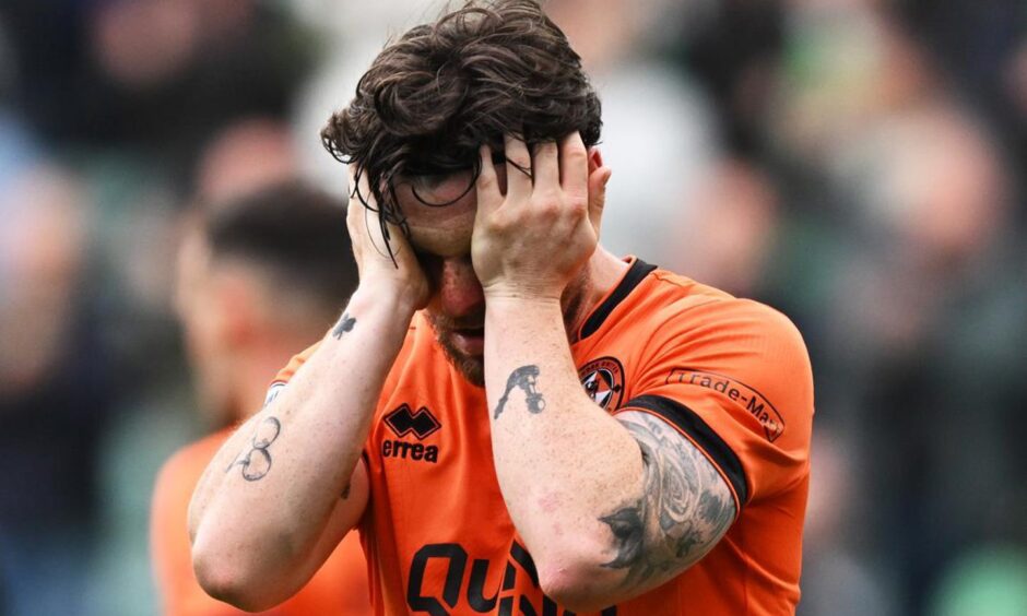 Dundee United's Will Ferry fumes as Hibs prevail.