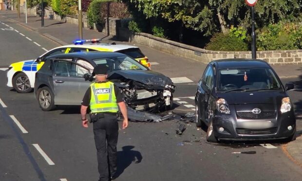 Two cars are involved in the crash on Strathearn Road in Broughty Ferry