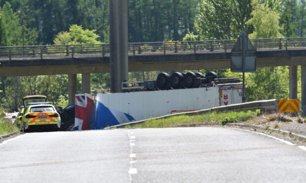 The scene of a lorry crash from the M90 to A912 below on outskirts of Perth. CR0053171