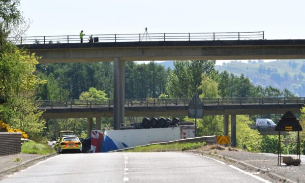 The lorry landed upside down after crashing off the M90 flyover near Perth. Image: Stuart Cowper