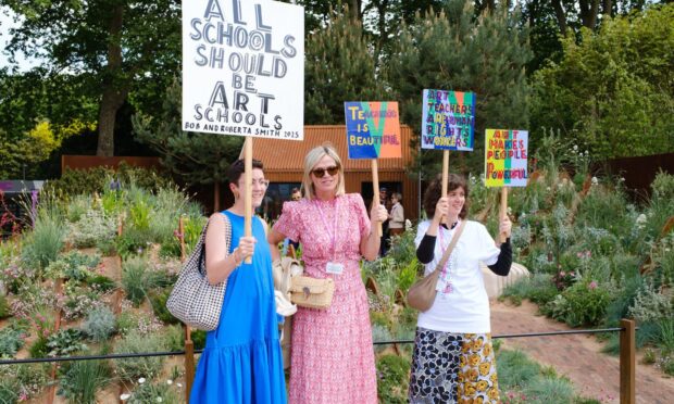 Presenter Zoe Ball joined a colourful protest in the Hospitalfield Arts garden at Chelsea Flower Show. Image: Robin de Vries