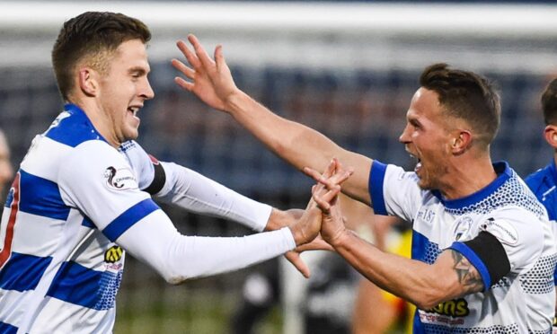 Jack Baird and Chris Millar celebrate a goal at Morton.